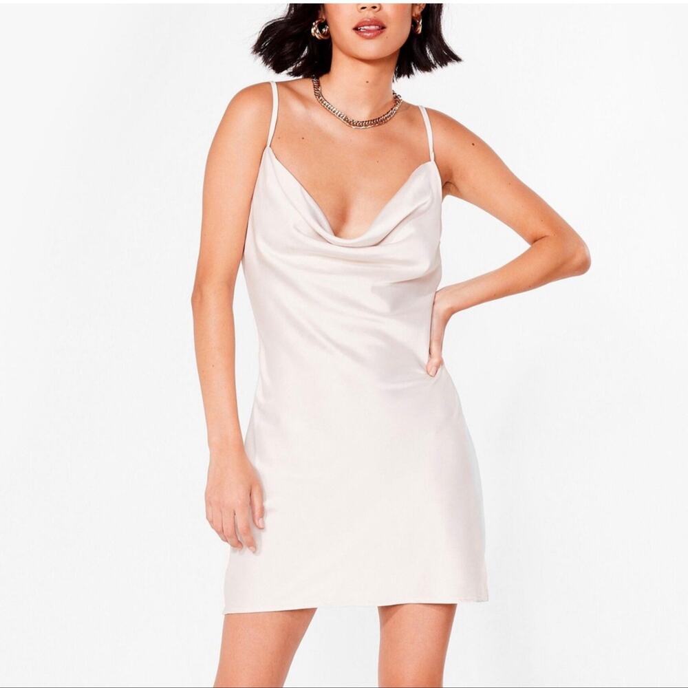Nasty Gal NWT Satin Elastic Waist Cowl Neck Slip Dress Mini White Sz 18